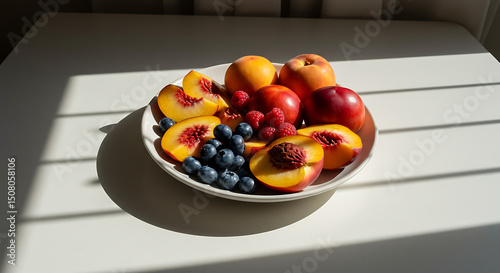 Sunlit Summer Fruit Platter Nectarines Peaches Raspberries Blueberries