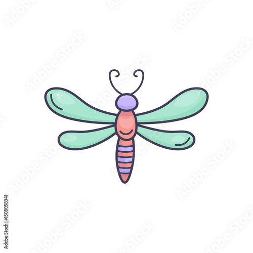Cute vector dragonfly in doodle style on white background. Perfect for kids’ prints, stickers, cards, or spring decor. Isolated stock illustration