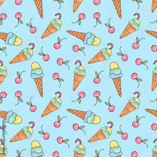 Cute seamless pattern with colorful ice cream cones and cherries. Hand-drawn doodle style, perfect for kids, summer products, wrapping paper, textile, and party decoration. On a blue background