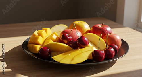 Sunlit Summer Fruit Platter Mango Apples Cherries on Wooden Table