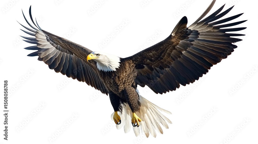 Naklejka premium A majestic bald eagle with wings fully extended in flight,Transparent background, PNG file