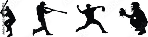 Baseball player silhouettes action poses