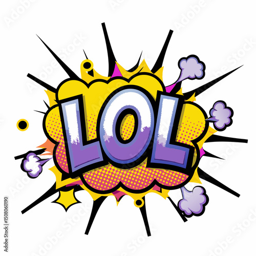 Comic book style illustration of 'LOL' with colorful burst design, vector image  