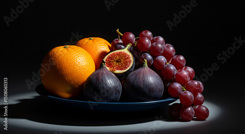 Still Life Photography of Oranges Figs and Red Grapes on a Blue Plate