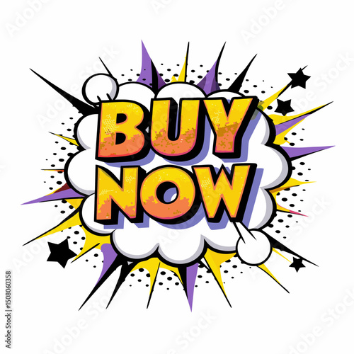 "Buy now" text in vibrant comic book style with burst background, vector image  