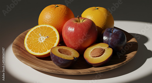 Vibrant Fruit Still Life Oranges Apple Plums on Wooden Plate
