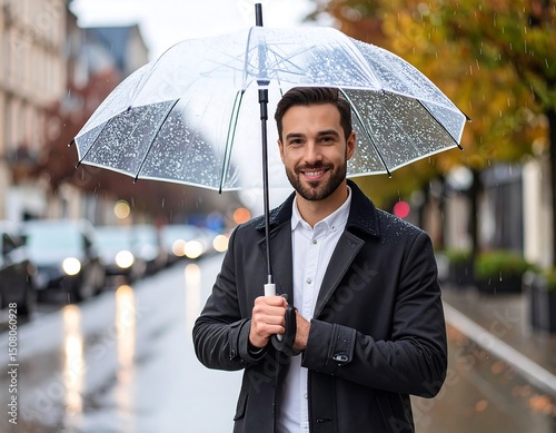 A smiling man in a coat holds a clear umbrella on a rainy city street