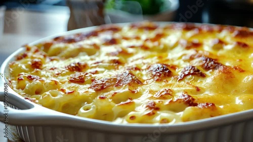 Delicious baked mac and cheese with a perfect golden crust served in a dish, Baked mac and cheese with golden crust in dish