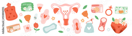 Menstruation period hygiene elements. Feminine ecological products, zero waste items, panties, pads, tampons and menstrual cup, garish vector cartoon flat style isolated set