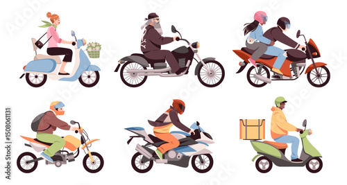 Motorcyclists people. Happy motor vehicles drivers, male and females bikers, scooters riding, delivery service, sport bike, courier delivery cartoon flat style isolated tidy vector set