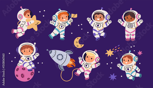 Little kids astronauts. Funny children in space suits, boys and girls various poses, zero gravity, cute cosmonauts, rocket, planet, star, cartoon flat style isolated garish vector set