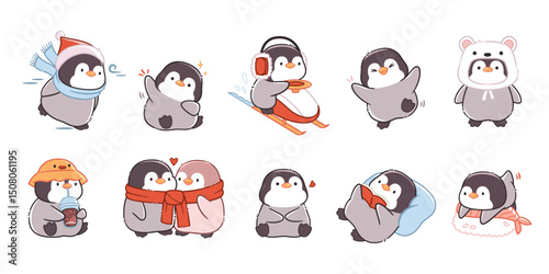 Kawaii penguin character. Cute little fluffy bird, northern animals, funny mascot, different emotions, activities and poses, romantic couple, cartoon flat isolated tidy vector set