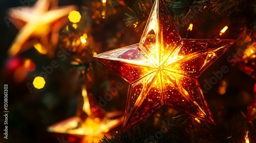 Ornate christmas star ornament glowing warmly.