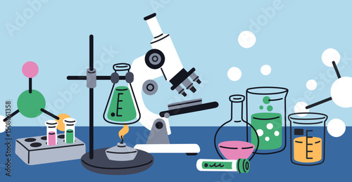 Chemical laboratory table. Scientific experiment and test equipment, microscope, glass tubes, flasks, biological lab, biochemistry and microbiological isolated garish vector concept
