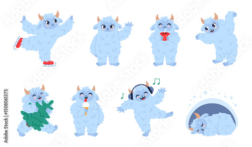 Cartoon yeti character. Funny fluffy mascot, winter white man, cute sasquatch, fantasy monster, different poses, actions, mythical animal eating ice cream, sleeping in cave classy vector set