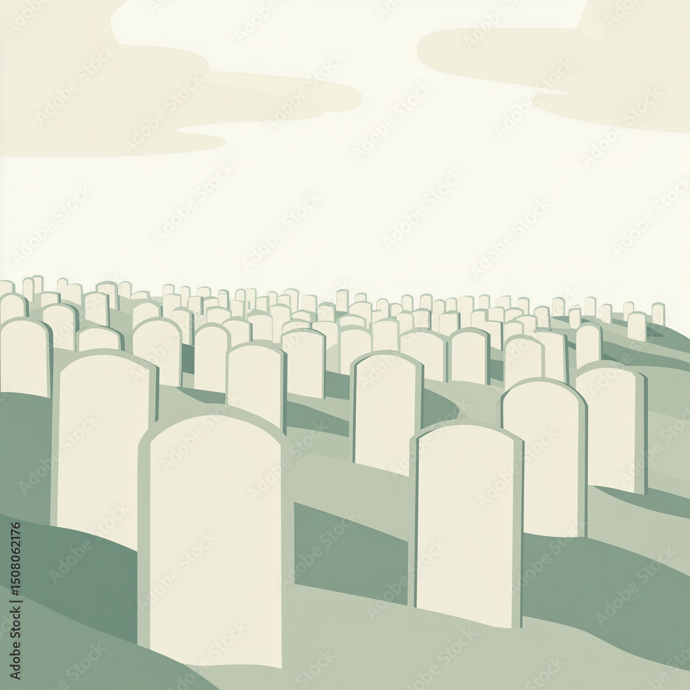 Obraz premium Abstract cemetery landscape with gravestones and cloudy sky 