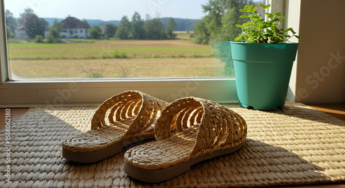 Summer Vacation Woven Sandals Comfortable Straw Slides Beach Holiday Relaxation photo