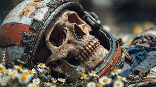 A haunting yet poetic close-up photograph of a skeleton in a weathered astronaut suit lying in a grassy field, surrounded by wildflowers. Generative AI