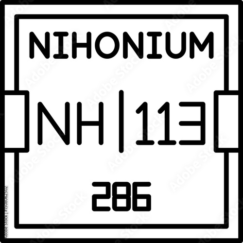 Nihonium (Nh) vector icon, atomic number 113. Synthetic transactinide named after Japan (Nihon), ideal for advanced nuclear chemistry visuals and scientific infographics