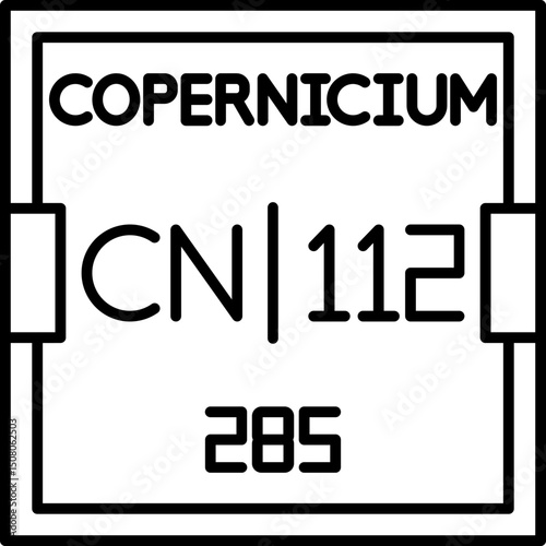 Copernicium (Cn) vector icon, atomic number 112. Synthetic transactinide element named after Nicolaus Copernicus, designed for scientific education, chemistry infographics, and nuclear visuals