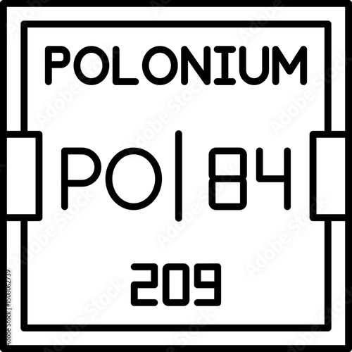Polonium (Po) vector icon, atomic number 84, a radioactive metalloid in the periodic table. Great for educational materials, science visuals, and chemistry infographics