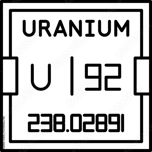 Uranium (U) vector icon with atomic number 92. Widely used radioactive actinide ideal for nuclear chemistry education, periodic table charts, and digital science infographics
