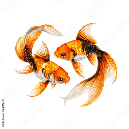 Close-up of a vibrant orange goldfish swimming isolated in clear water, its elegant fin trailing in the red-tinged aquarium