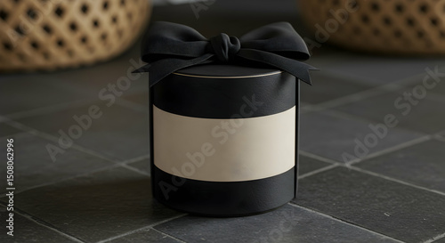 Elegant Black Gift Box with Beige Label Perfect for Special Occasions