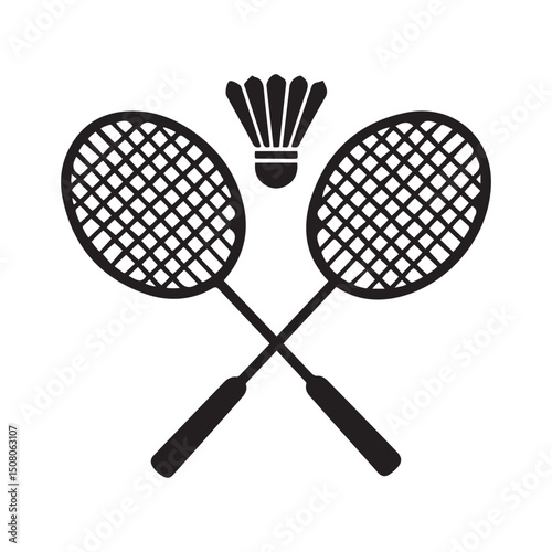 Two badminton racquets or rackets with shuttlecock / birdie line art vector icon for sports apps and websites. Vector black silhouette. with white background
