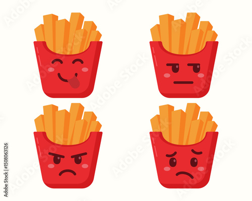 Cute French fries character with different expressions isolated set