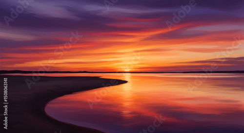 Fiery Sunset over Calm Ocean Waterscape Tranquil Evening Scene