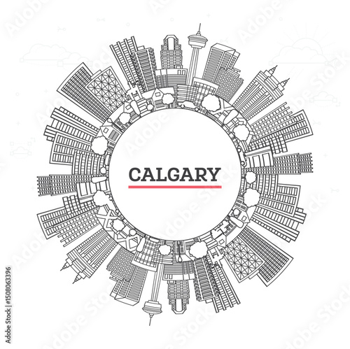 Outline Calgary Canada City Skyline with Modern Buildings and copy space Isolated on White. Illustration. Calgary Cityscape with Landmarks.