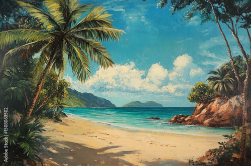 tropical beach with palm trees, a tropical seychelles beach landscape