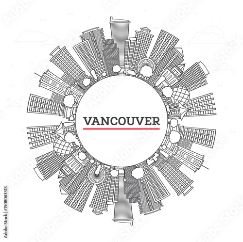 Outline Vancouver Canada City Skyline with Modern Buildings and copy space Isolated on White. Illustration. Vancouver Cityscape with Landmarks.