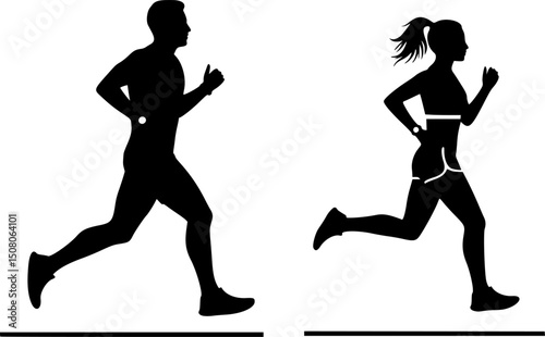 Running man and woman, isolated vector silhouettes. Run, side view. Silhouettes of athletic looking male and female runners running. EPS 10 version.