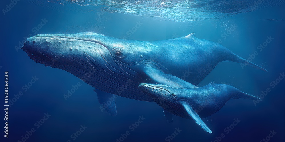 Naklejka premium Blue Whale Swimming Underwater in Deep Ocean