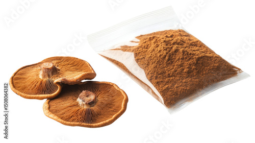 A packet of reishi mushroom powder for relaxation, Transparent background, PNG file