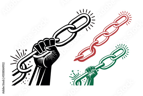 Modern Juneteenth graphic with abstract, geometric broken chains in red, black, and green. Symbolizes freedom, strength, and cultural pride with minimalist, Afrocentric elegance and bold motion.


