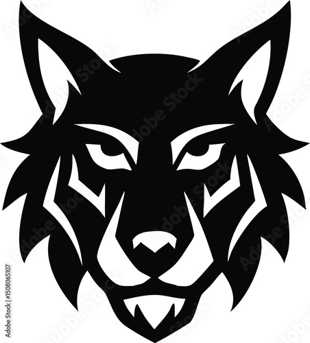 A fierce wolf head gazes intently with detailed and striking black silhouette artwork