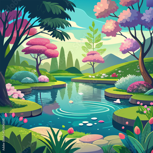 Serene Landscape. A Breathtaking Spring Garden by the Lake