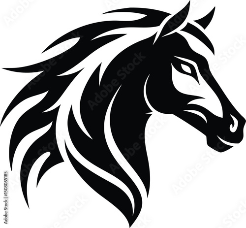 A majestic black horse head with flowing mane faces right intently