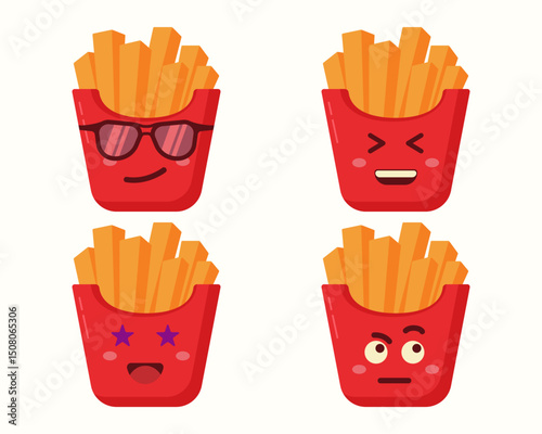 French fries emoji character with different expressions isolated