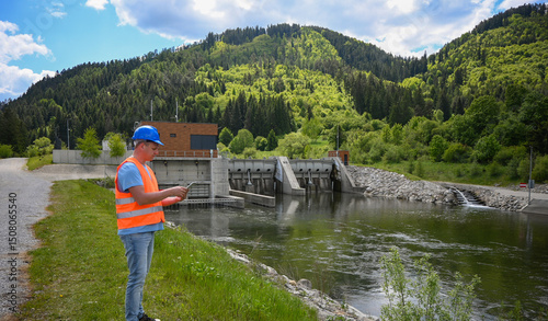 Canvas Print Male engineer using tablet next to a dam of a hydroelectric power plant in a mou