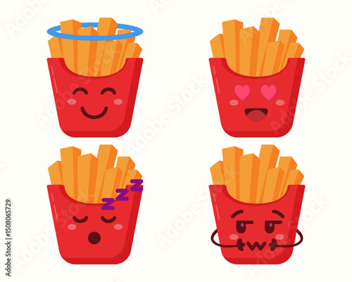 Cute french fries emoticons icons isolated set collection