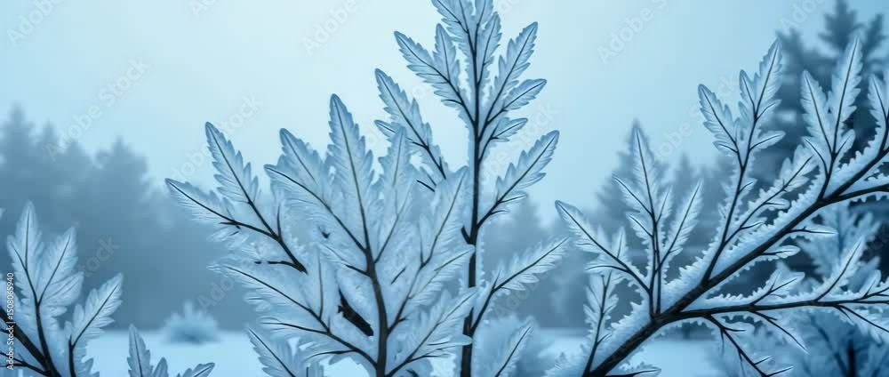 Frost-covered leaves on a cold winter day in a forest setting Frost-covered leaves on a cold winter day in a forest setting