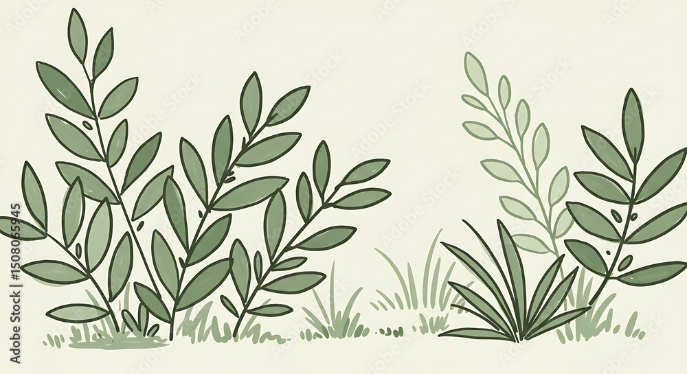 Naklejka premium Hand drawn illustration of green foliage leaves and grass nature botanical spring summer greenery