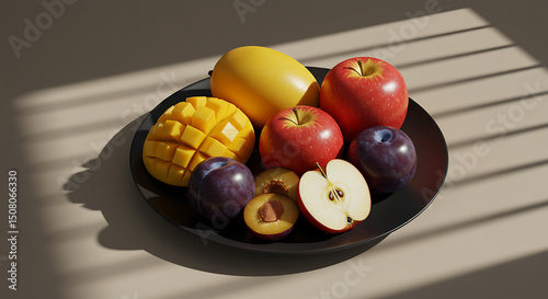 Fresh Juicy Mango Apple and Plum Fruit Platter on Black Plate in Sunlight