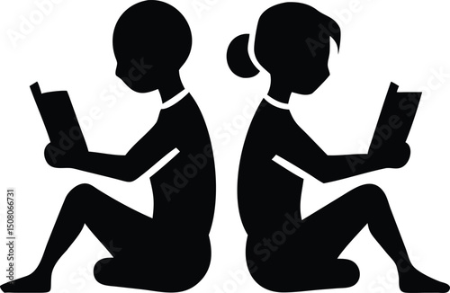 Black silhouette of a girl and a boy sitting back to back while reading