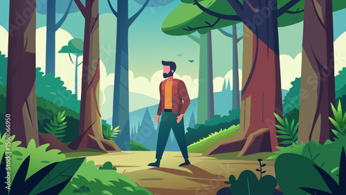 Man Walking on a Forest Path. A Tranquil Nature Scene