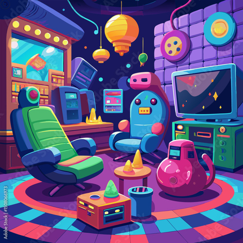 Futuristic Game Room Design. Vibrant Colors and Retro.Futuristic Decor